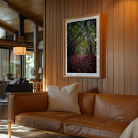 a cozy living room with a brown leather sofa, a framed photograph of a forest path, and a wooden wall.
