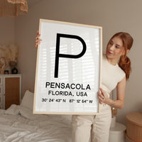 Pensacola, Florida with GPS Coordinates Minimalist Typography Art Print