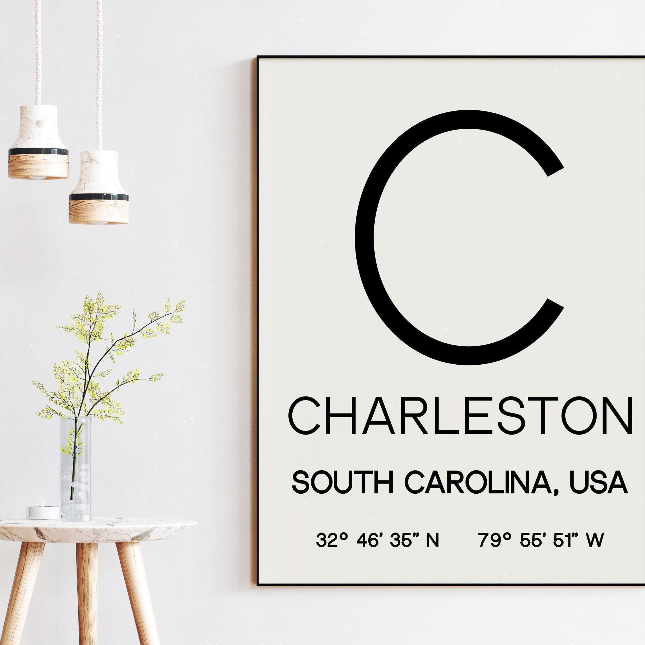 Charleston, South Carolina with GPS Coordinates Typography Art Print,  Office - Home Decor - Restaurant - Apartment - Condo - Gift Ideas