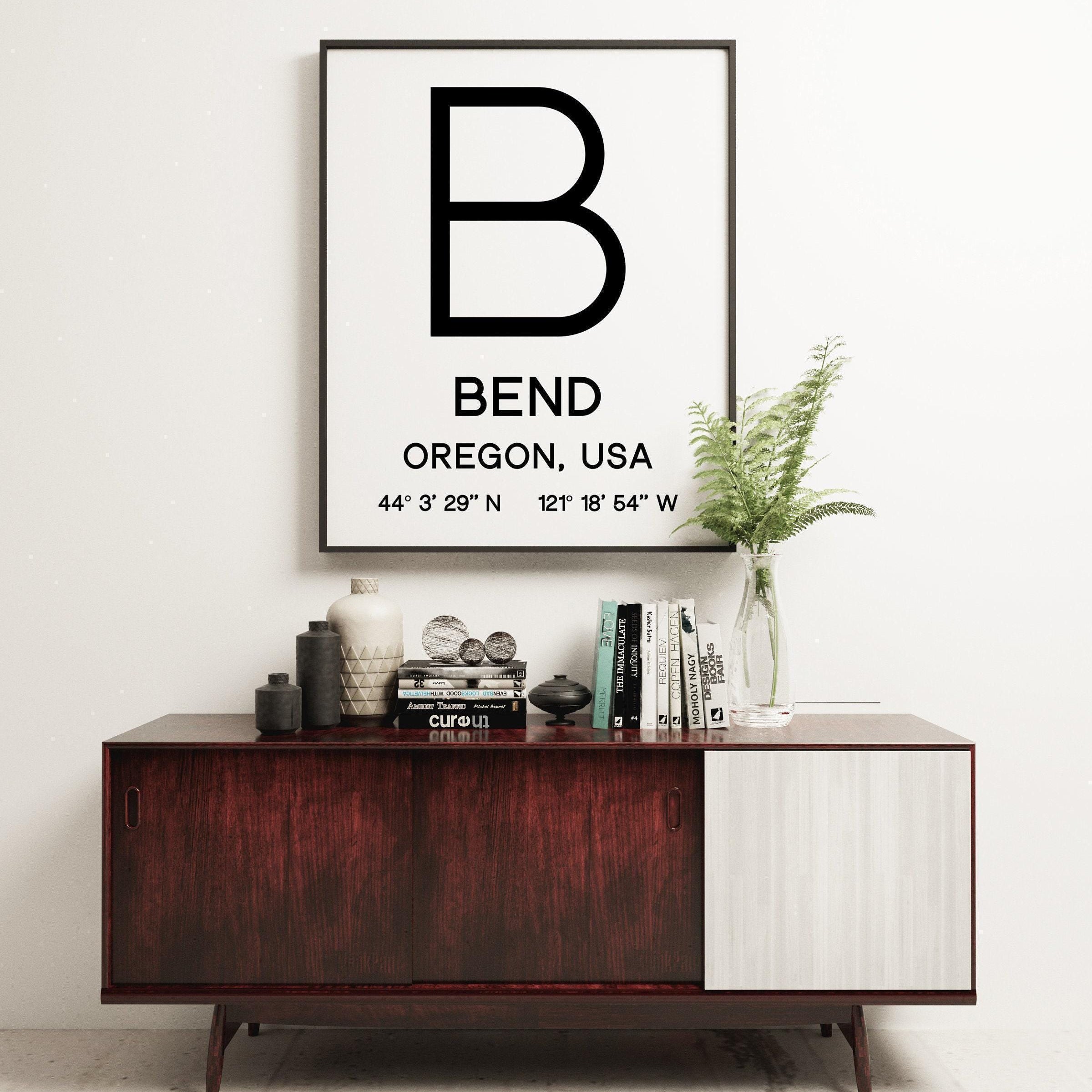 Bend Oregon with GPS Coordinates Typography Minimalist Art Print
