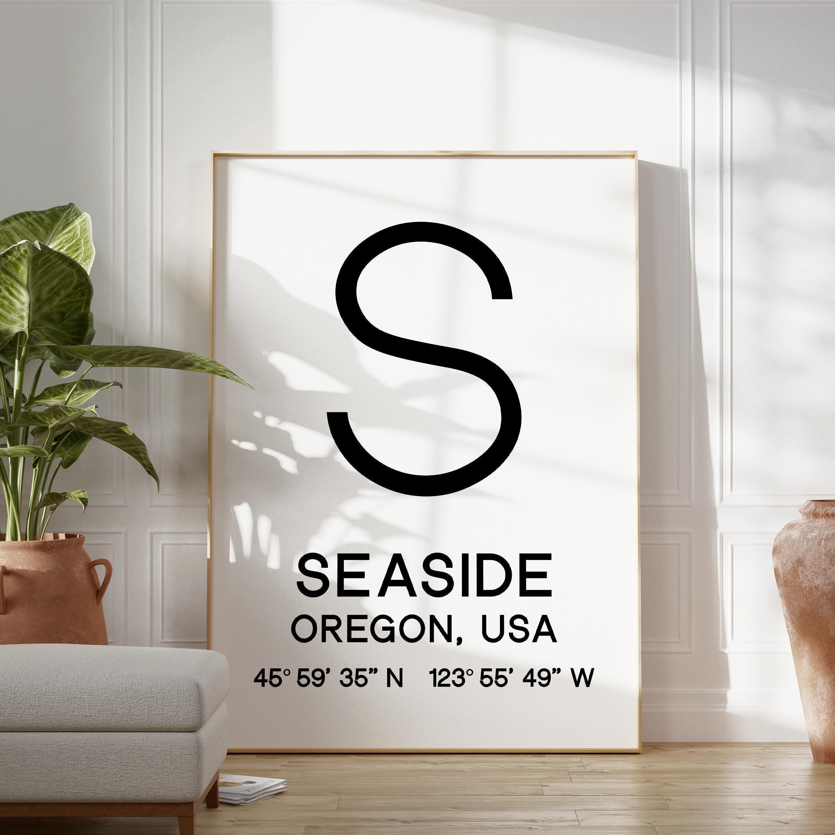 Seaside, Oregon with GPS Coordinates Minimalist Art Print,  Travel,  Coast