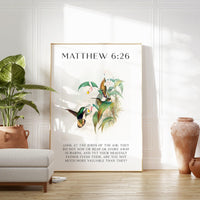 Matthew 6:26,  Look at the birds of the air; they do not sow or reap or store ... Art Print - John Gould, Henry Constantine Richter