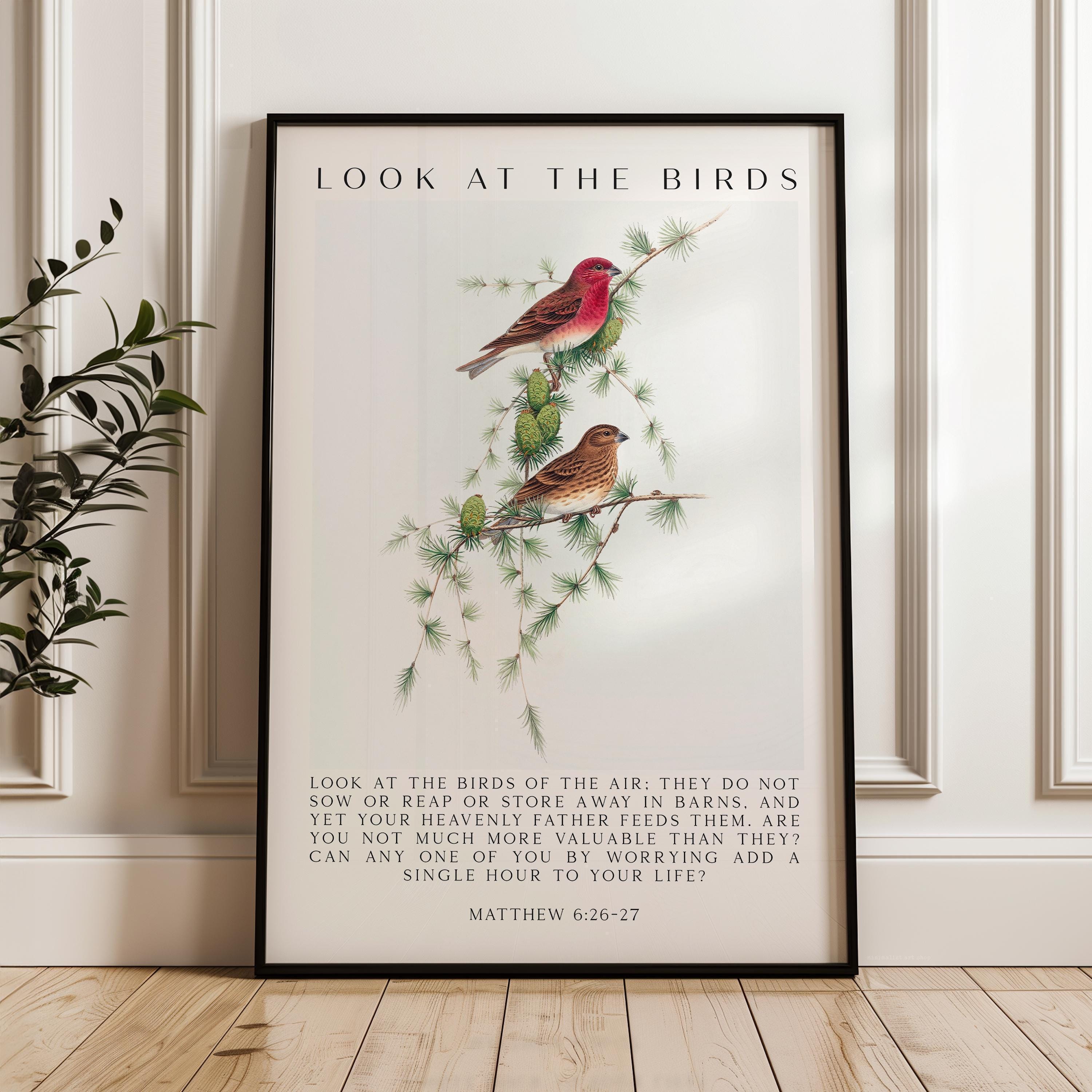Matthew 6:26-27 Bible Verse Print, Look at the Birds Scripture Wall Art