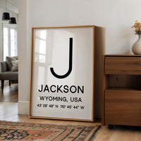Jackson, Wyoming with GPS Coordinates Minimalist Typography Art Print,  Tetons,  Travel,  Ski