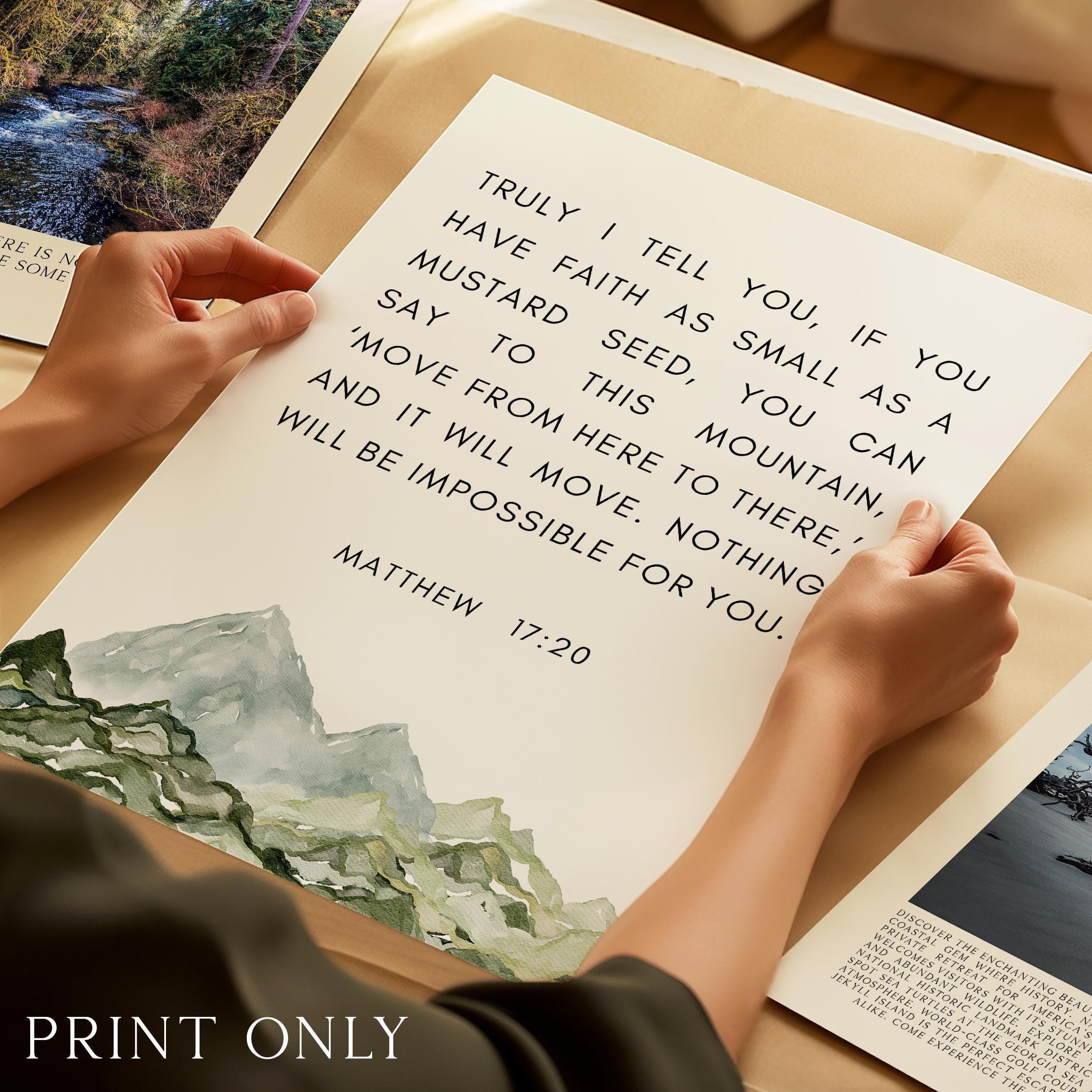 Matthew 17:20 Faith as Small as a Mustard Seed Art Print with Watercolor Mountains,  Religious Scripture - Bible Verse