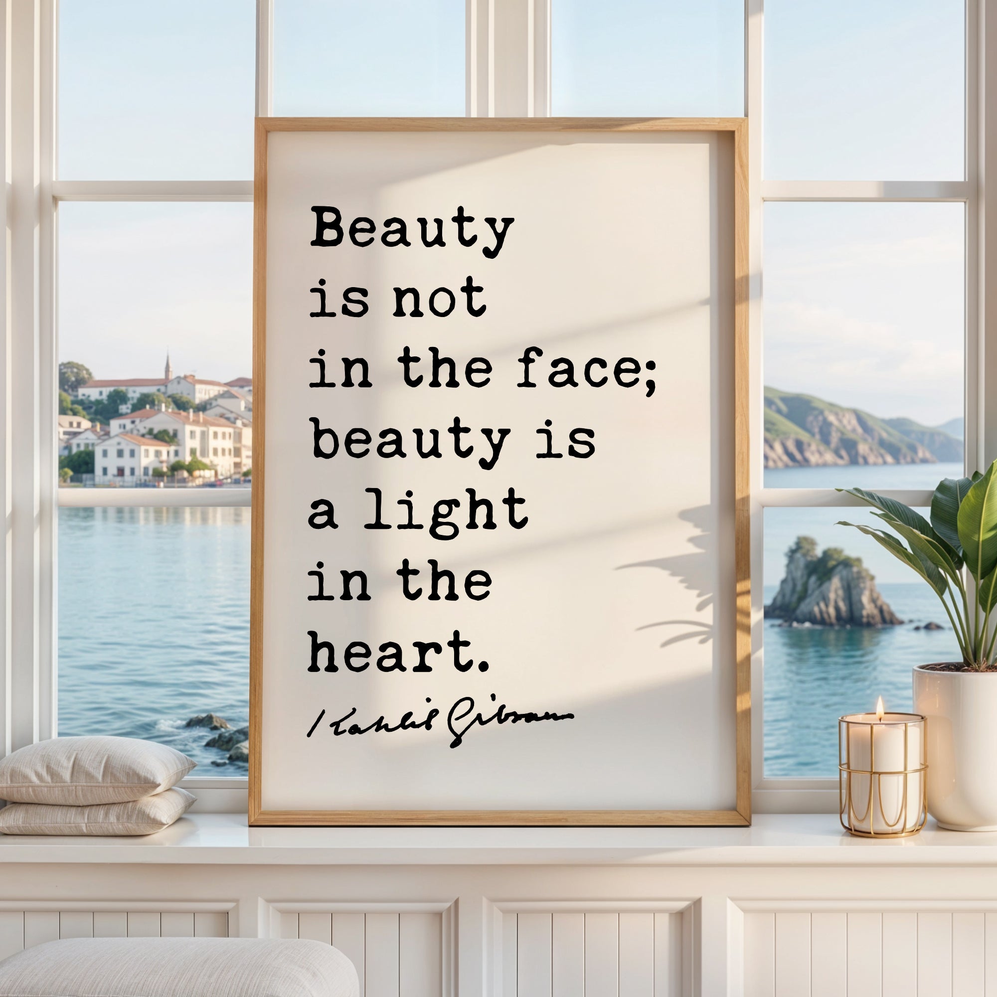 A framed quote by Rachel Gibson stating "Beauty is not in the face; beauty is a light in the heart." is displayed in front of a scenic view of a body of water and a distant island.