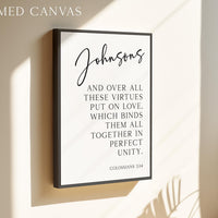 Personalized Family Name Bible Verse Print, Colossians 3:14 Wall Art, And Over All These Virtues, Wedding Housewarming Gift