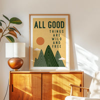 All Good Things Are Wild And Free Print, Retro Mountain Wall Art, Thoreau Quote
