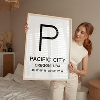 Pacific City, Oregon with GPS Coordinates Typography Minimalist Art Print