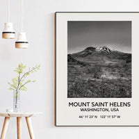 Mount Saint Helens Washington USA with GPS Coordinates Black & White Photography Art Print,  Travel - Hiking - Nature - Wildflowers