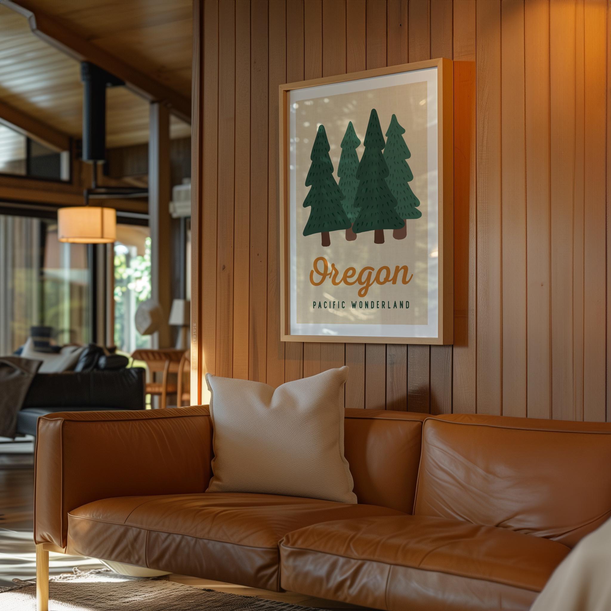 Oregon Pacific Wonderland Retro Art Print, Forest Trees, PNW Travel, Travel Gift Decor