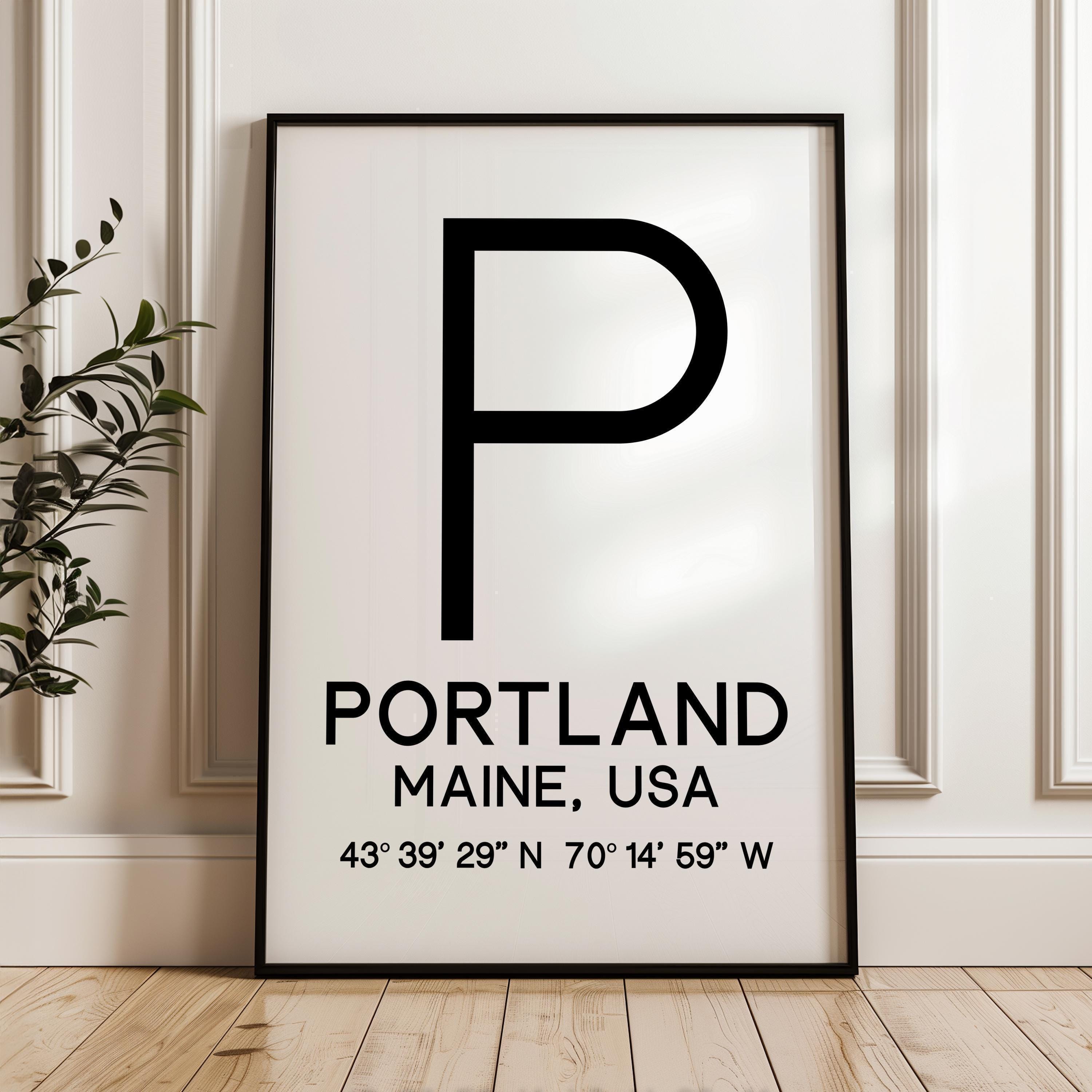 Portland, Maine with GPS Coordinates Typography Art Print,  Minimalist Wall Art