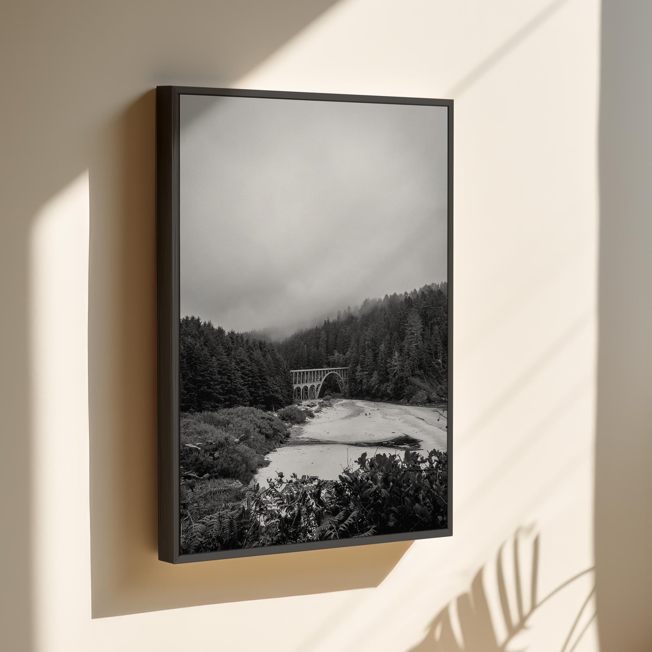 Cape Creek Bridge from Heceta Head, Oregon Coast,  Framed Canvas,  Black and White Photography