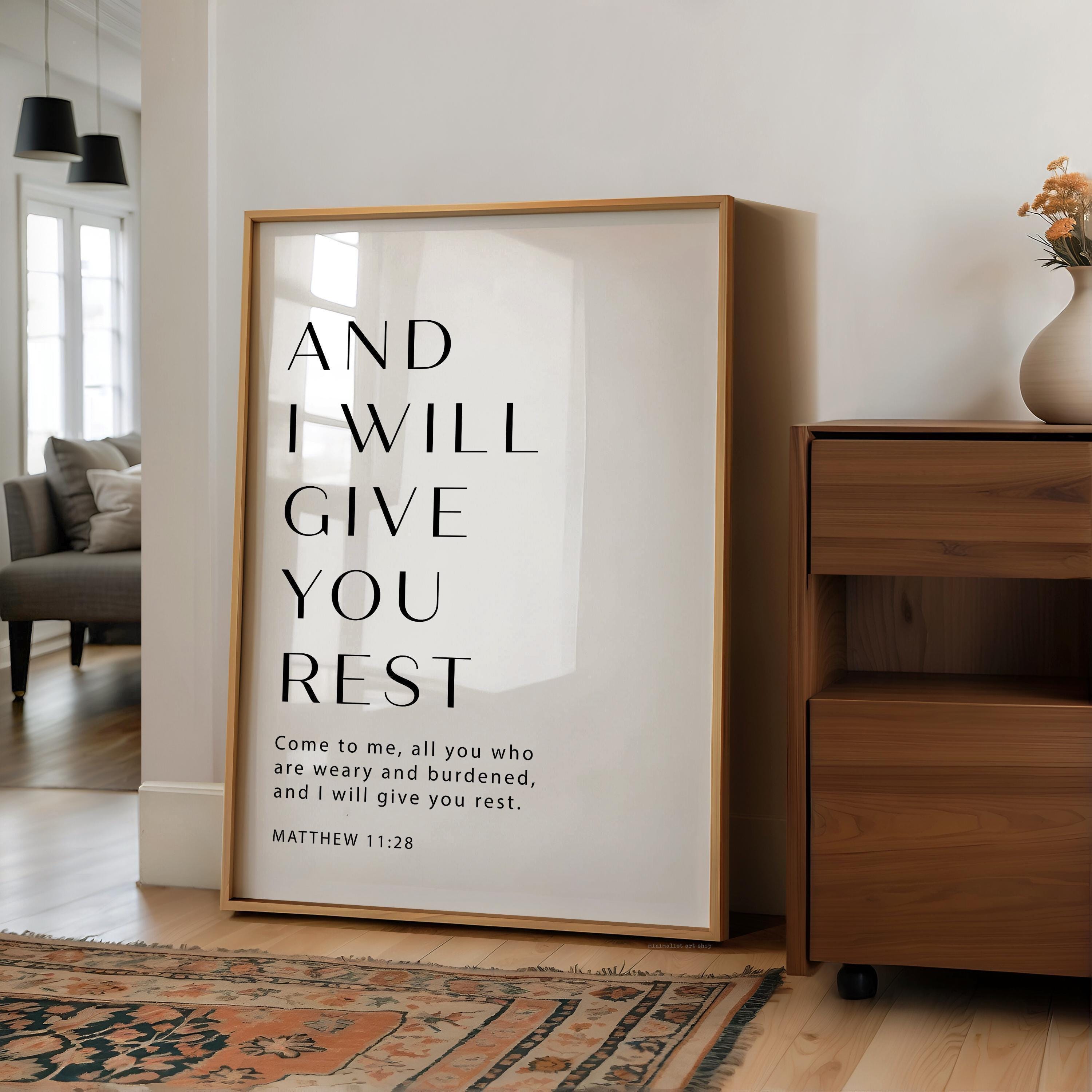 Matthew 11:28 Bible Verse Print, And I Will Give You Rest, Christian Wall Art, Minimalist Scripture Decor