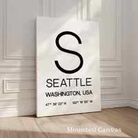 Seattle, Washington with GPS Coordinates Typography Wall Art Print,  Office,  Home Decor,  Restaurant,  Apartment,  Condo • Gift