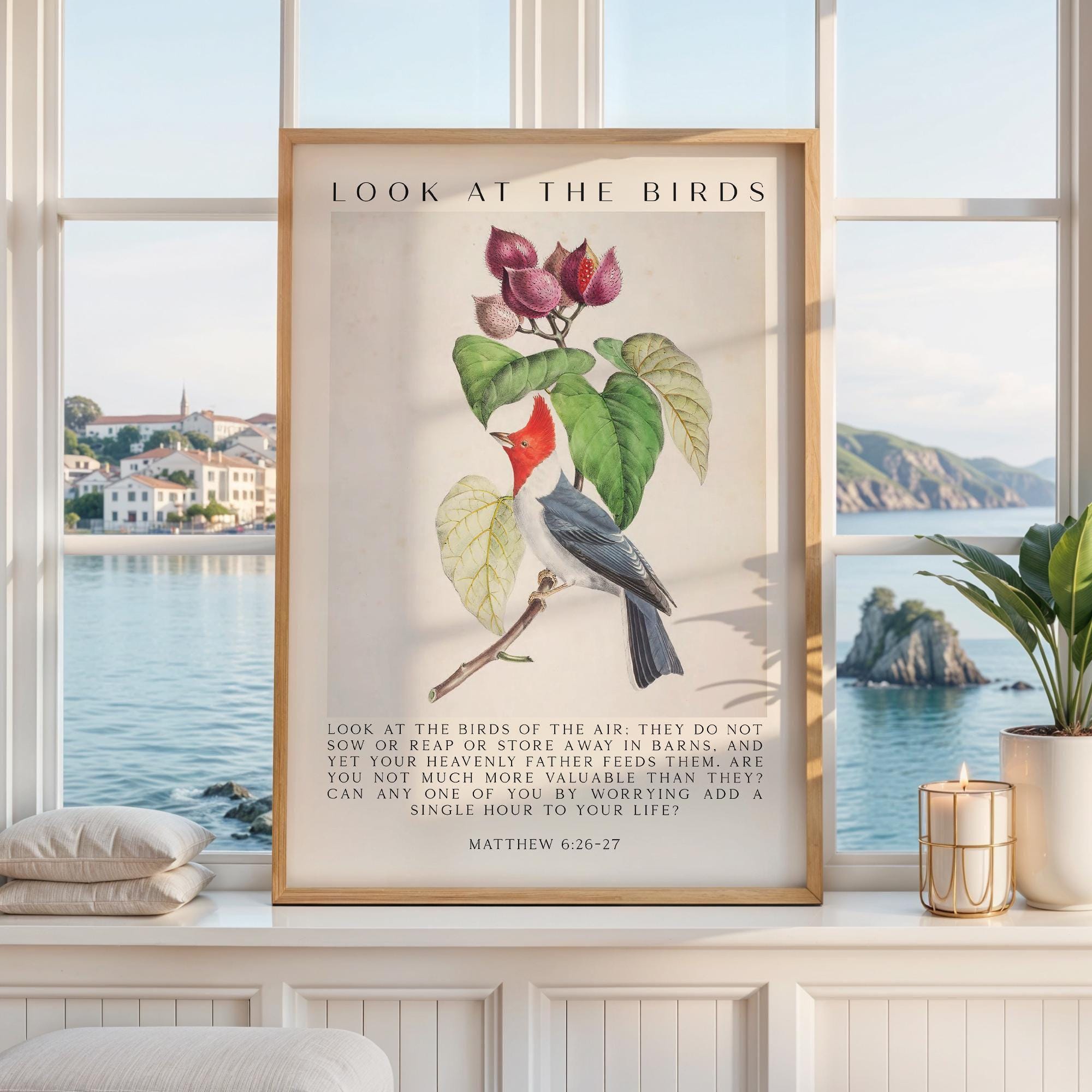 Matthew 6:26-27 Bible Verse Print,  Look at the Birds Scripture Wall Art