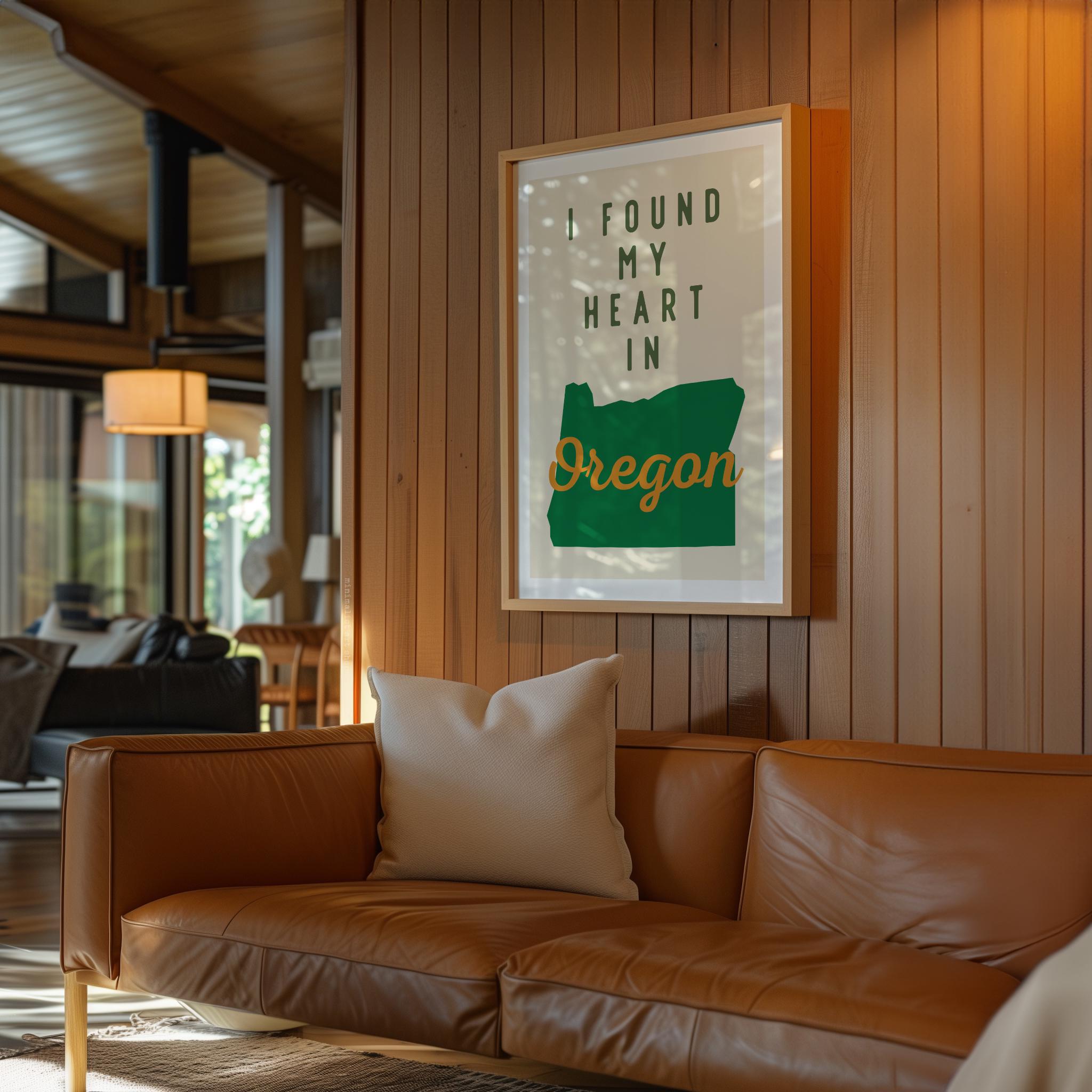 a cozy living room with a brown leather couch, a framed poster of Oregon, and a wooden wall.