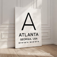 Atlanta, Georgia with GPS Coordinates Typography Art Print,  Minimalist Wall Art,  Travel