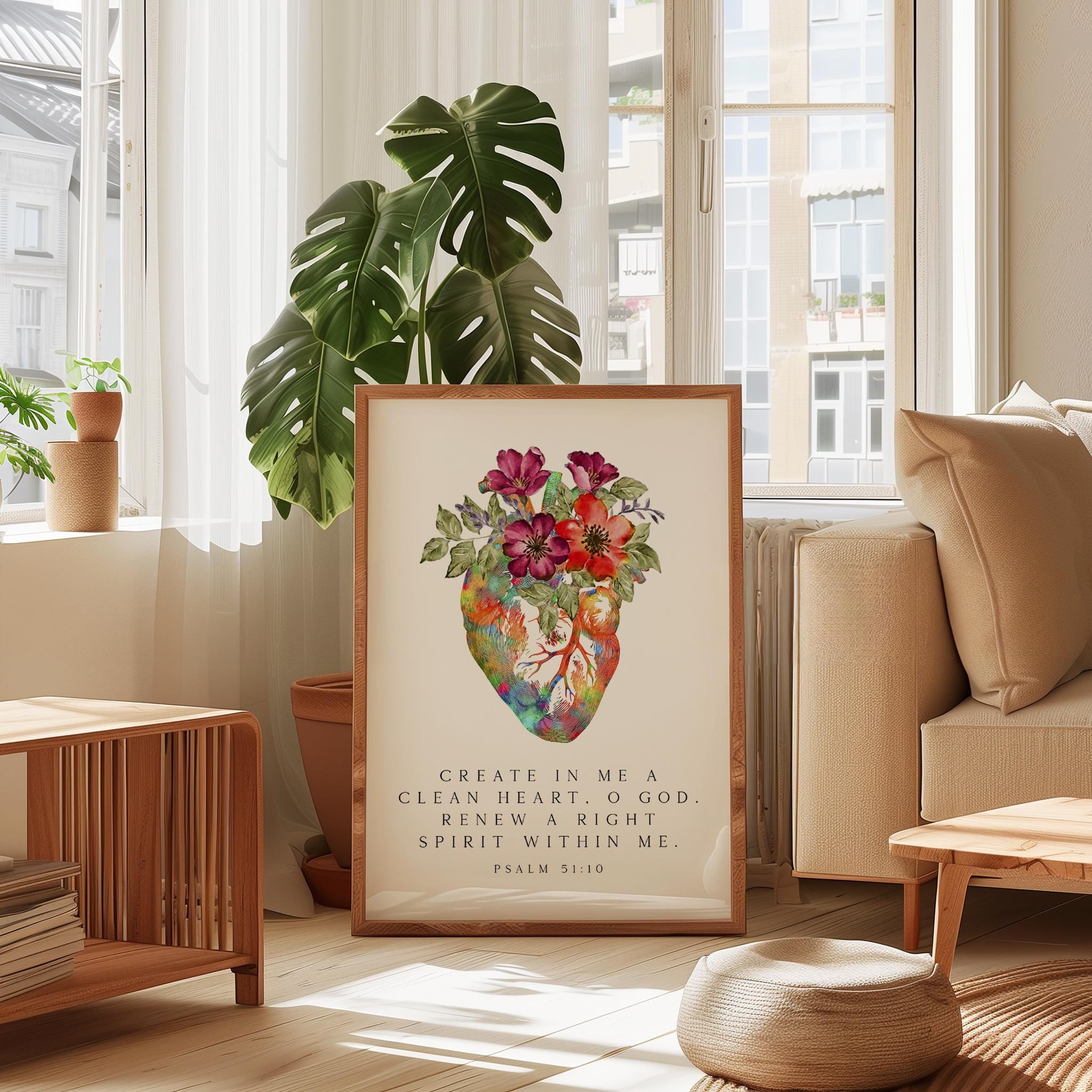 Psalm 51:10 Wall Art, Create In Me Clean Heart Print, Christian Floral Bible Decor
