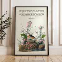 Are not five sparrows sold for two cents? Yet not one of them is forgotten before God. Luke 12:6-7 Art Print with Yellow-winged Sparrow