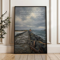 a painting of a lighthouse with a quote on it