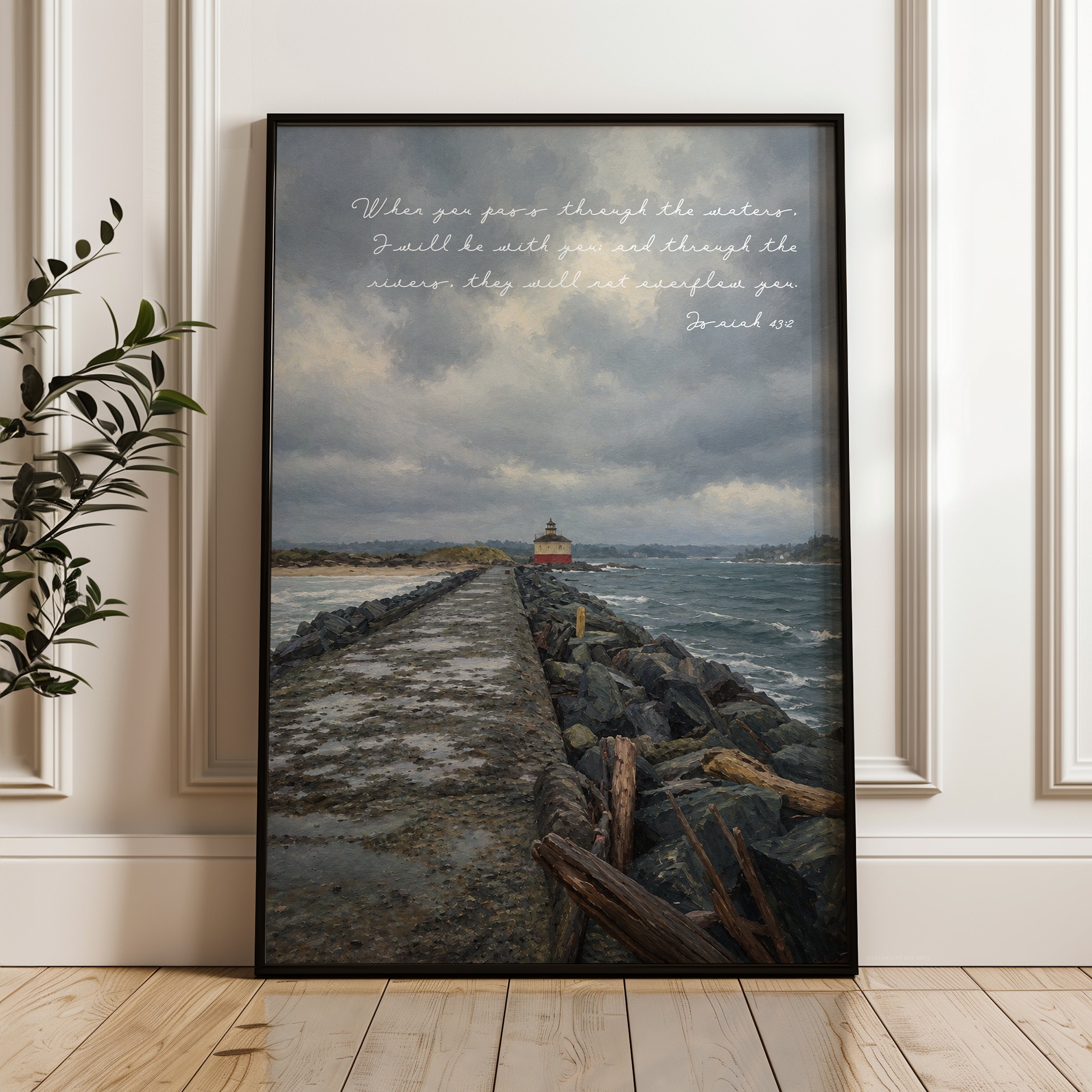 a painting of a lighthouse with a quote on it
