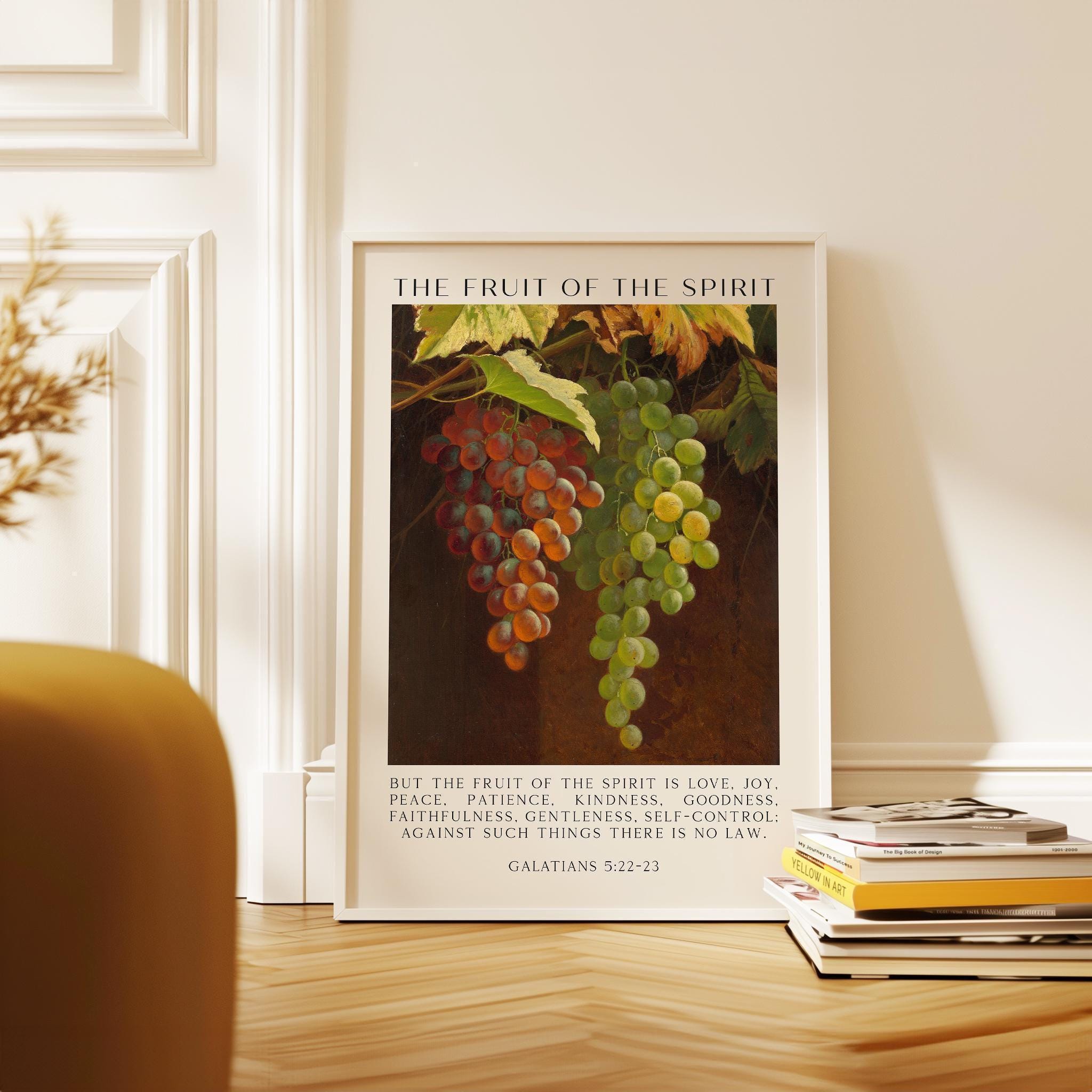 Fruit of the Spirit Bible Verse Wall Art,  Galatians 5:22–23,  Christian Typography Print with Grapes Painting