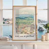 Meet Me in Portland Print,  Portland Skyline Art with Mount Hood - Travel Wall Decor