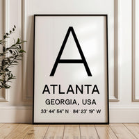 Atlanta, Georgia with GPS Coordinates Typography Art Print,  Minimalist Wall Art,  Travel