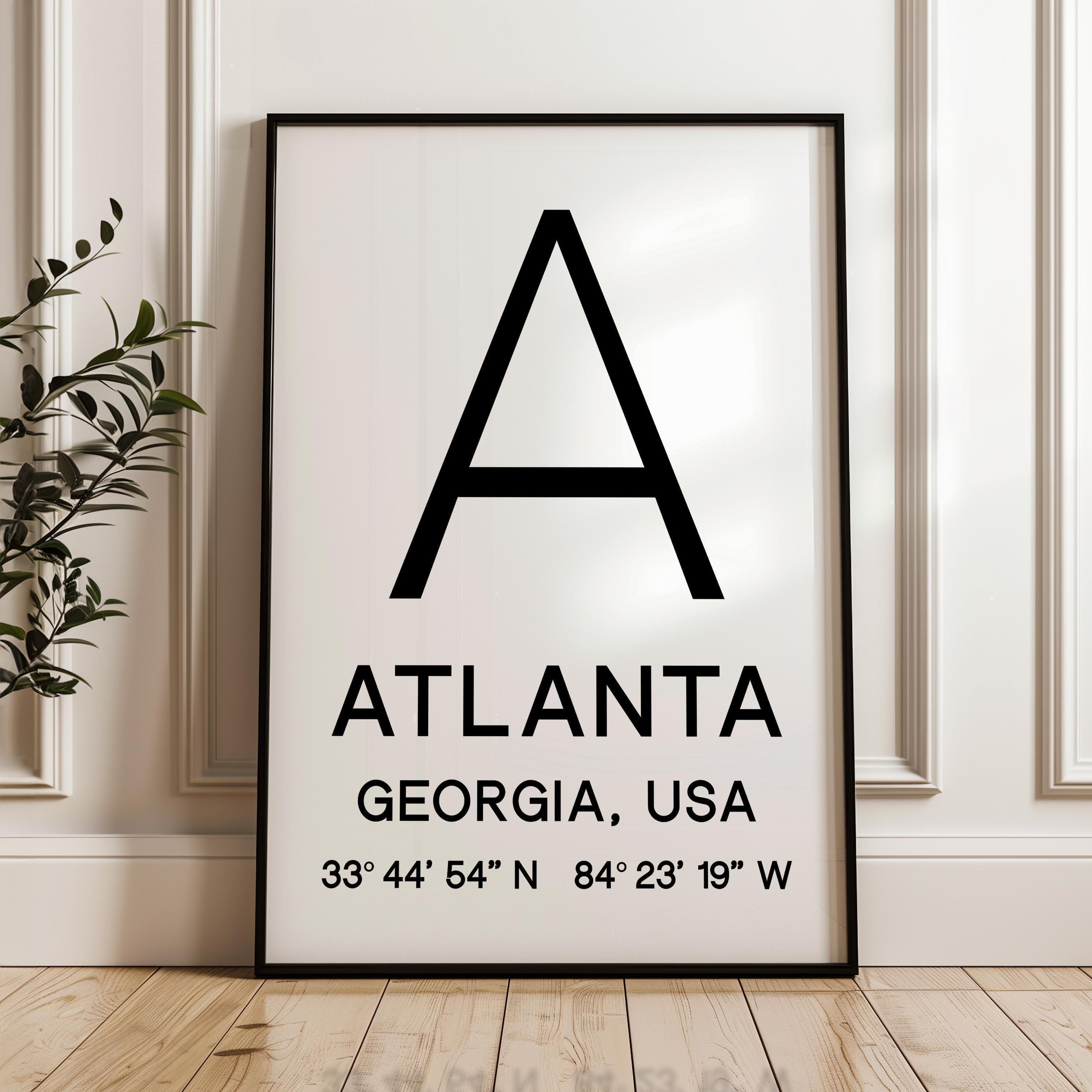 Atlanta, Georgia with GPS Coordinates Typography Art Print,  Minimalist Wall Art,  Travel