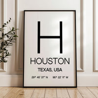 Houston, Texas with GPS Coordinates Typography Art Print,  Office,  Home Decor,  Restaurant,  Apartment,  Condo • Gift