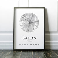 Dallas, Texas City Street Map with GPS Coordinates Art Print,  Office - Home Decor - Restaurant - Apartment - Condo - Typography