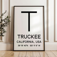 Truckee, California with GPS Coordinates Minimalist Art Print,  Travel,  Ski,  Sierra Nevada