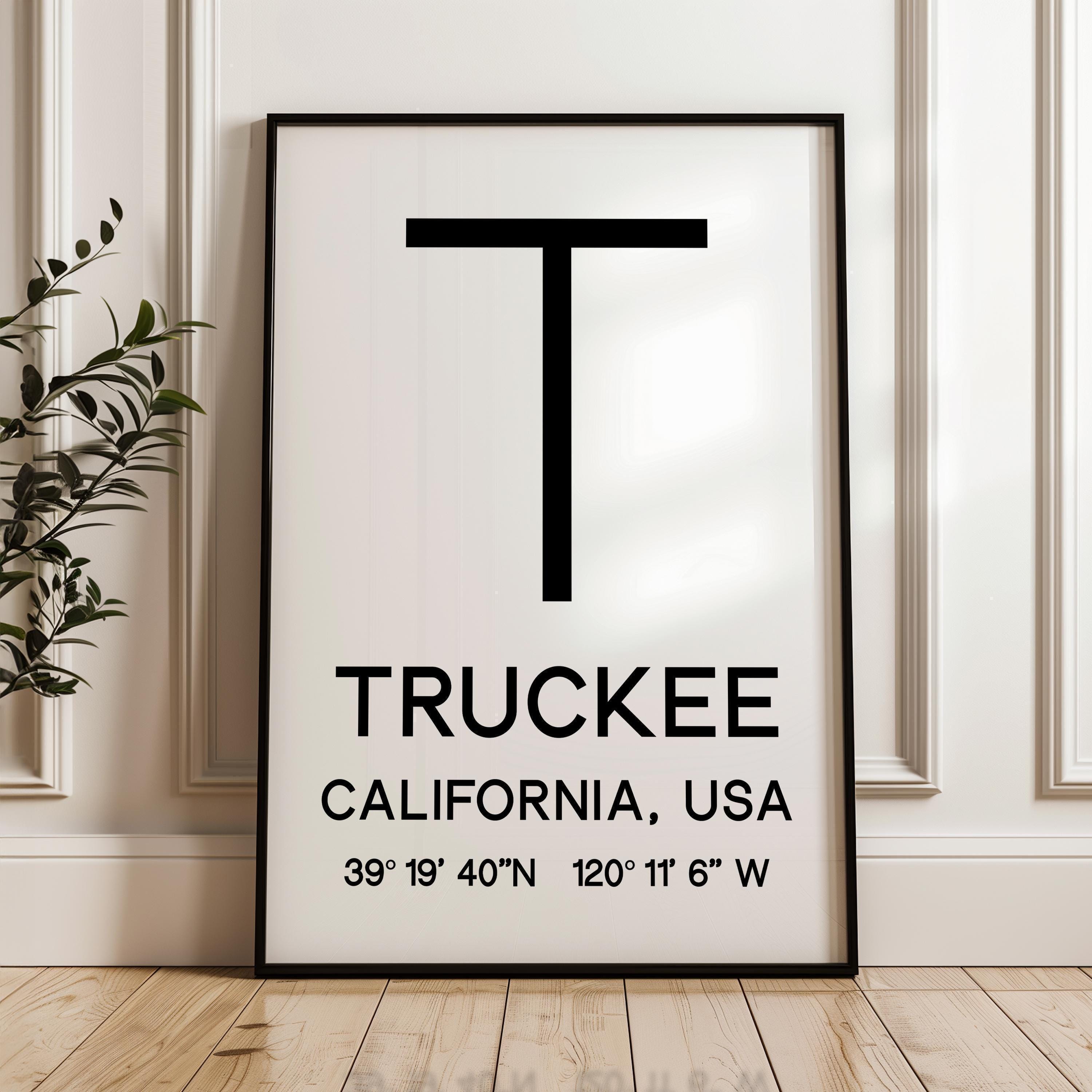 Truckee, California with GPS Coordinates Minimalist Art Print,  Travel,  Ski,  Sierra Nevada
