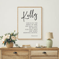 Psalm 46:5,  God is in the midst of her; she shall not be moved; God will help her when morning dawns.,  Personalized Typography Art Print