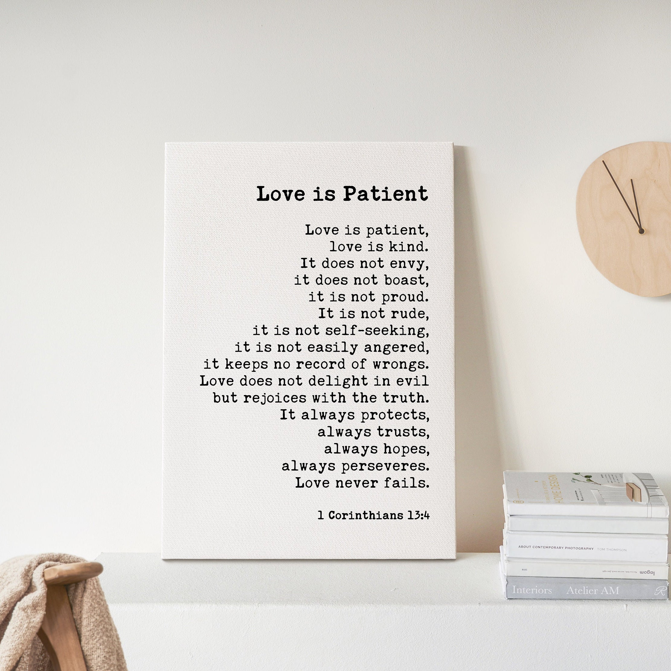 1 Corinthians 13:4 Love is Patient Canvas Print, Scripture Typography Wall Art