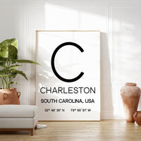 Charleston, South Carolina with GPS Coordinates Typography Art Print,  Office - Home Decor - Restaurant - Apartment - Condo - Gift Ideas