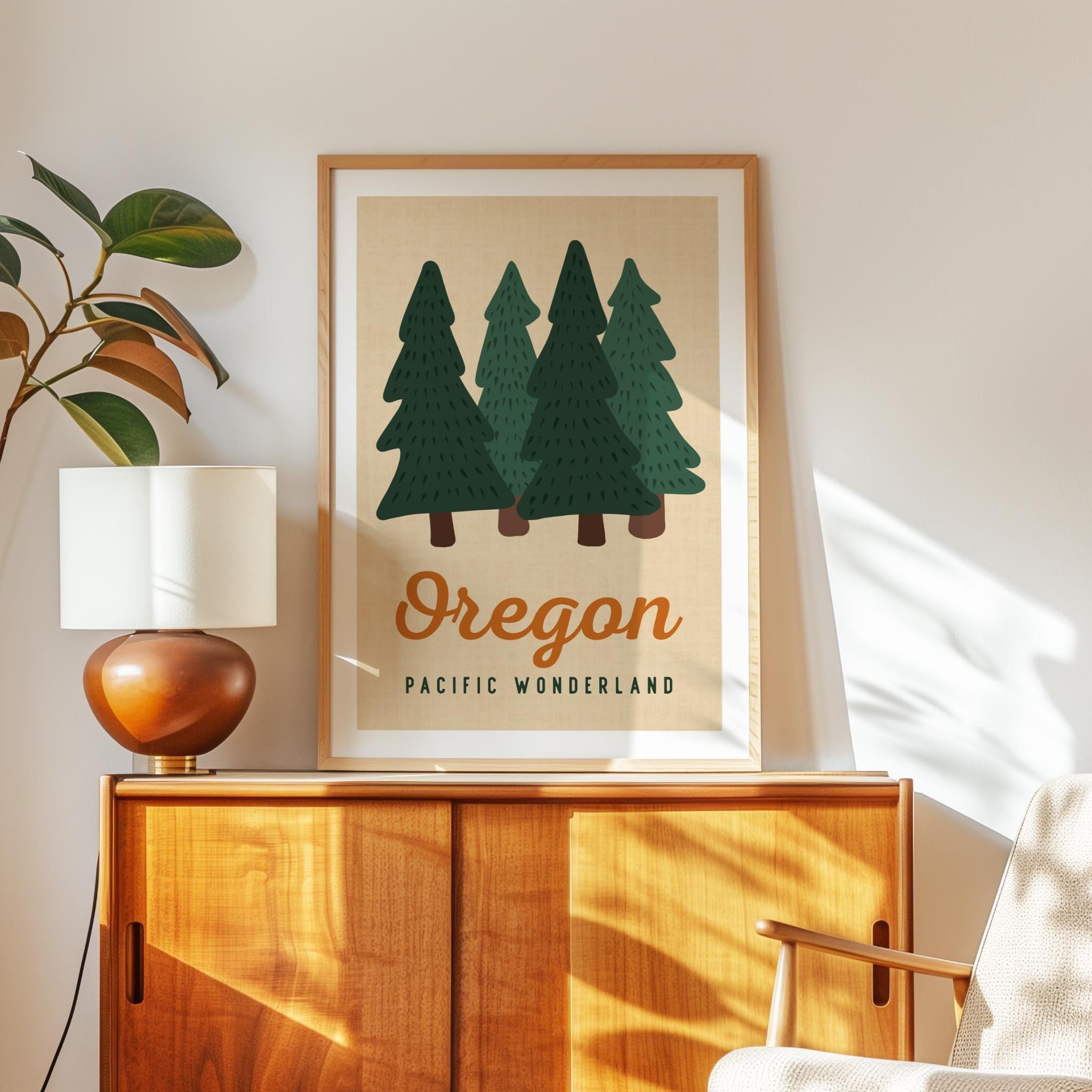 Oregon Pacific Wonderland Retro Art Print, Forest Trees, PNW Travel, Travel Gift Decor