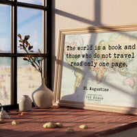 Saint Augustine Quote - The world is a book, and those who do not travel read only a page. With World Map - Minimalist Typography Art Print