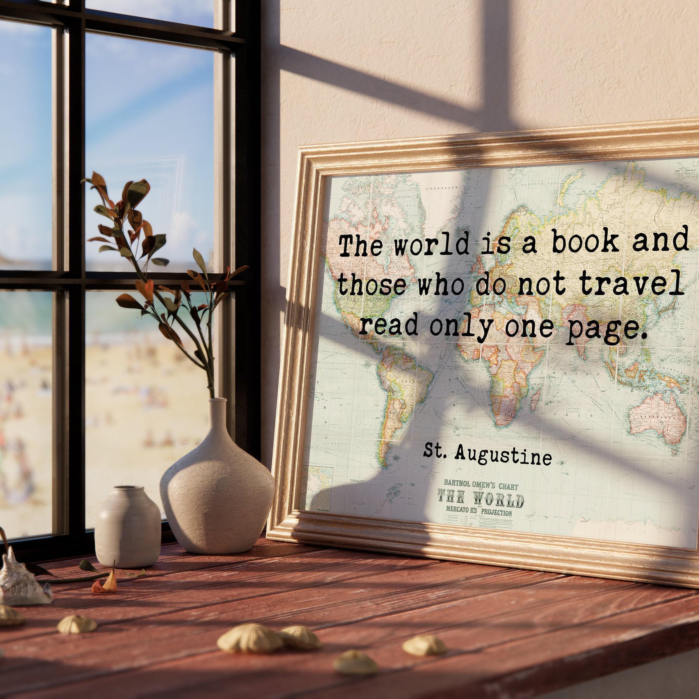 Saint Augustine Quote - The world is a book, and those who do not travel read only a page. With World Map - Minimalist Typography Art Print