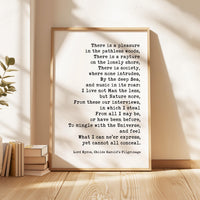 Lord Byron Quote Print “There Is a Pleasure in the Pathless Woods” Wall Art,  Nature Lover