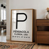 Pensacola, Florida with GPS Coordinates Minimalist Typography Art Print