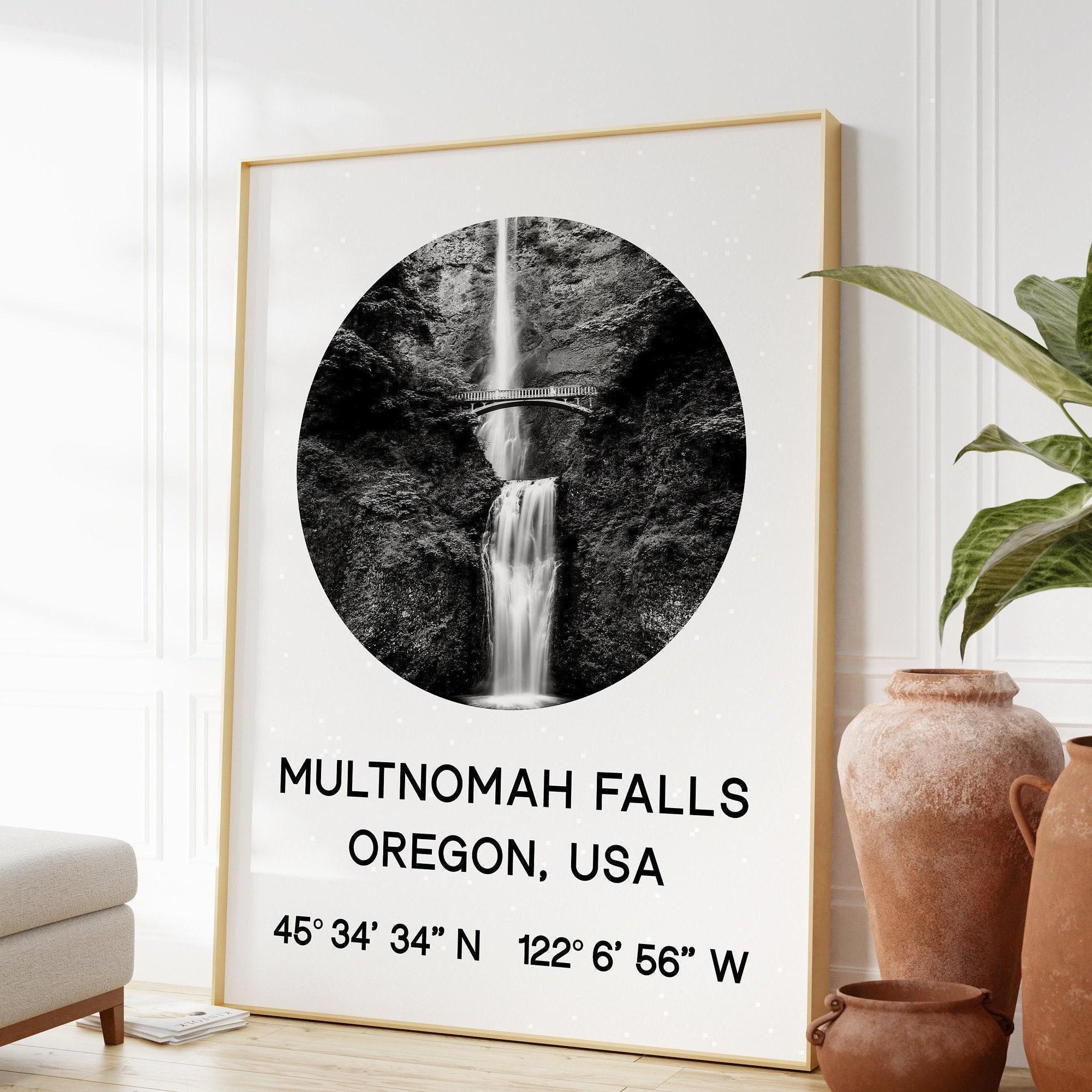 Multnomah Falls, Oregon with GPS Coordinates Art Print,  Travel - Explore - Hike - Nature