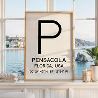 Pensacola, Florida with GPS Coordinates Minimalist Typography Art Print