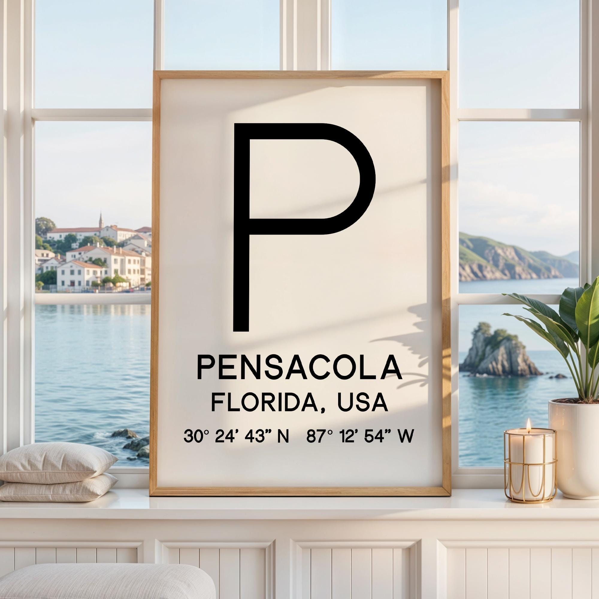 Pensacola, Florida with GPS Coordinates Minimalist Typography Art Print