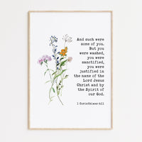 1 Corinthians 6:11 And such were some of you. But you were washed... Typography Wall Art with Wildflowers, Bible, Christian
