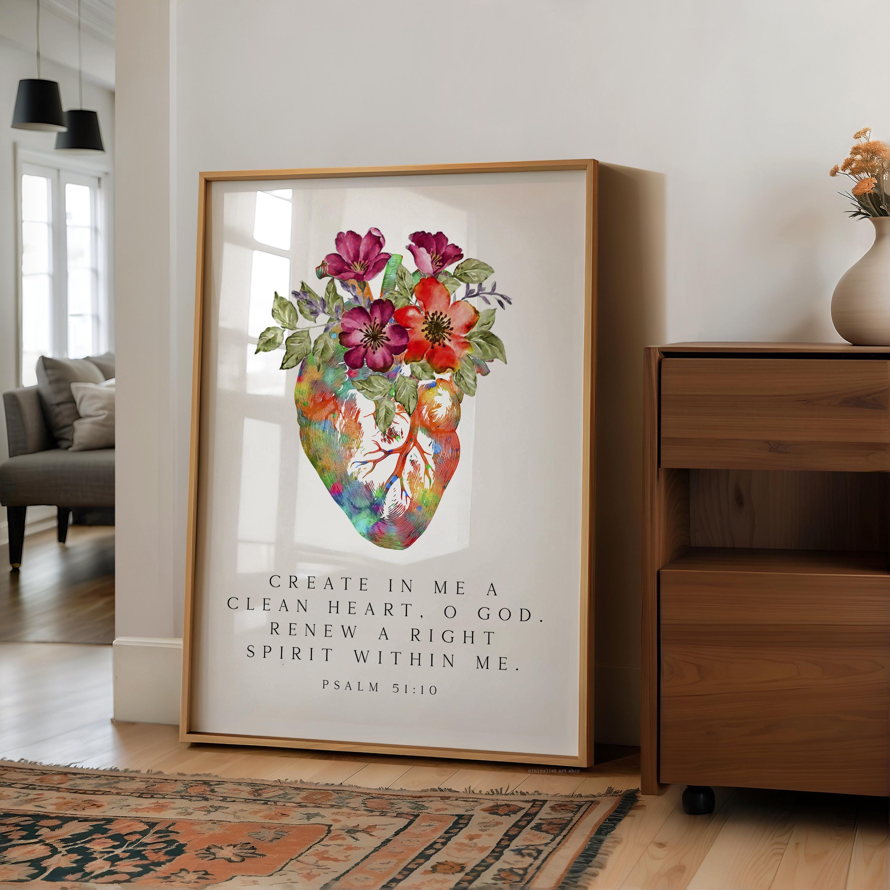 Psalm 51:10 Wall Art, Create In Me Clean Heart Print, Christian Floral Bible Decor