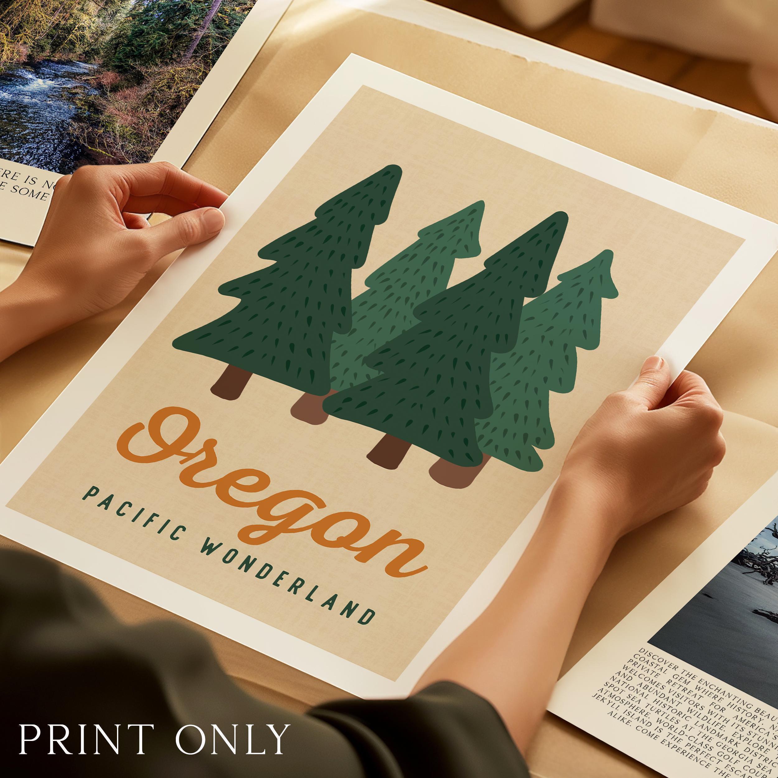 Oregon Pacific Wonderland Retro Art Print, Forest Trees, PNW Travel, Travel Gift Decor