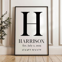 Personalized Family Monogram Sign with Name, Established Date, GPS,  Typography Art Print,  Great for Housewarmings, Anniversaries, Weddings