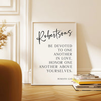 Be Devoted to One Another in Love, Romans 12:10,  Personalized with Name,  Typography Art Print,  Christian,  Wedding,  Anniversary